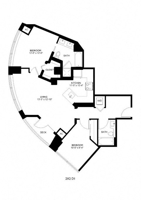 Floor plan for 2 beds, 2 baths, 999 sqft